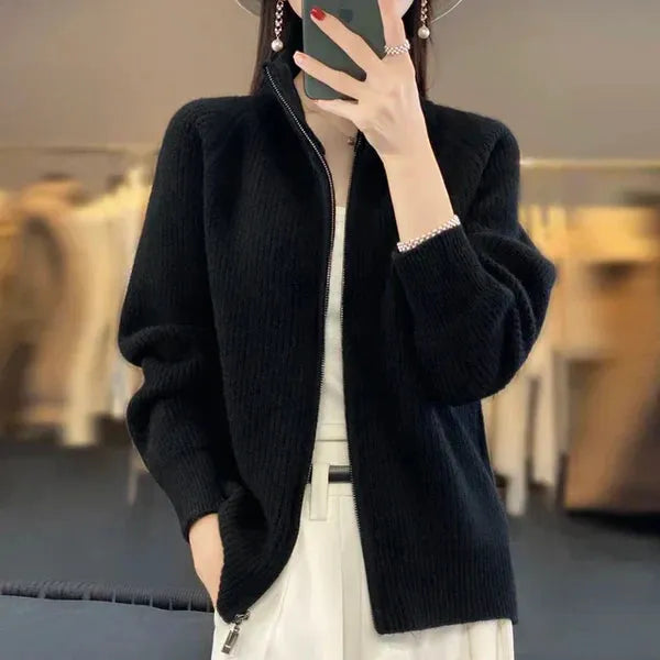 Women's Ribbed Casual Jacket with Funnel Neck