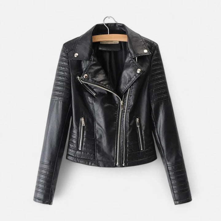 Women’s Short Casual Leather Jacket with Zip-Up