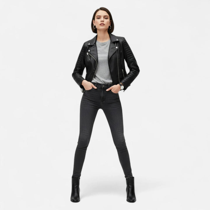 Women’s Short Casual Leather Jacket with Zip-Up