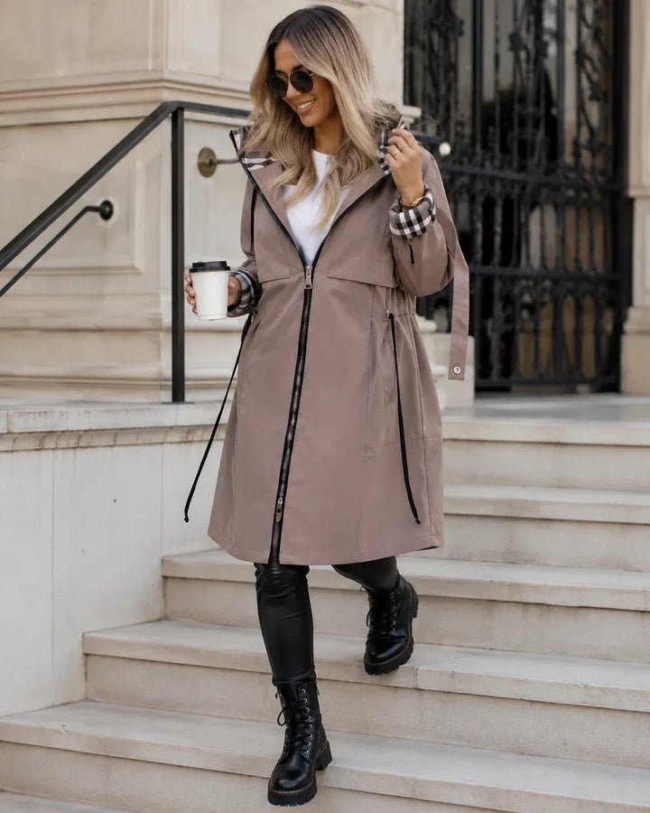 Women's Zip-Up Casual Trench Coat with Hood
