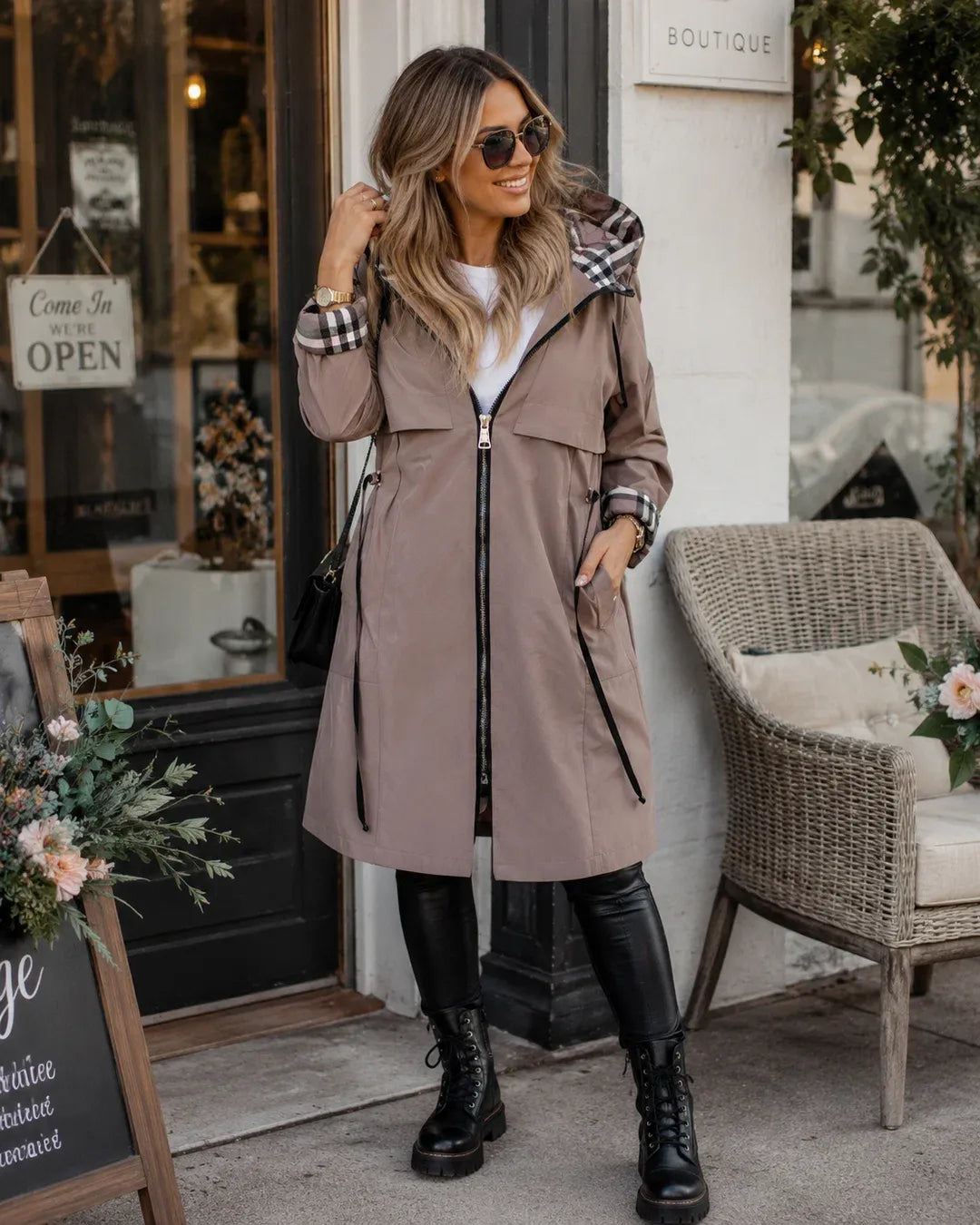 Women's Zip-Up Casual Trench Coat with Hood