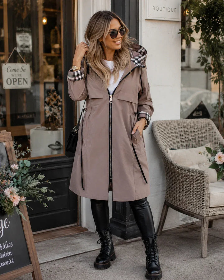 Women's Zip-Up Casual Trench Coat with Hood