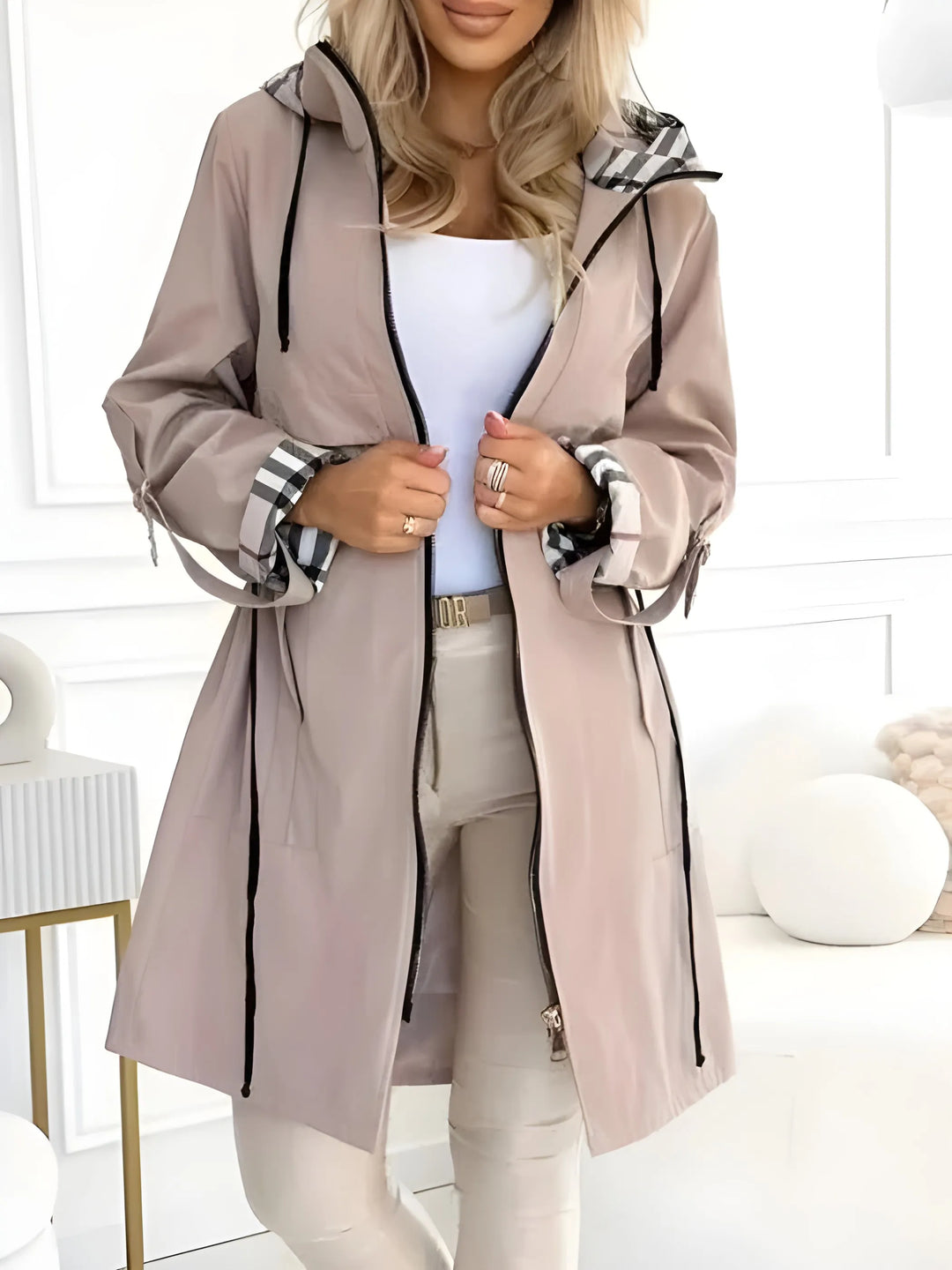 Women's Zip-Up Casual Trench Coat with Hood