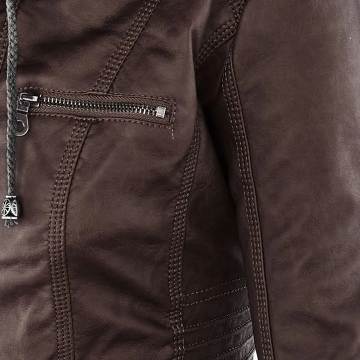 Women’s Zip-Up Leather Jacket with Hood