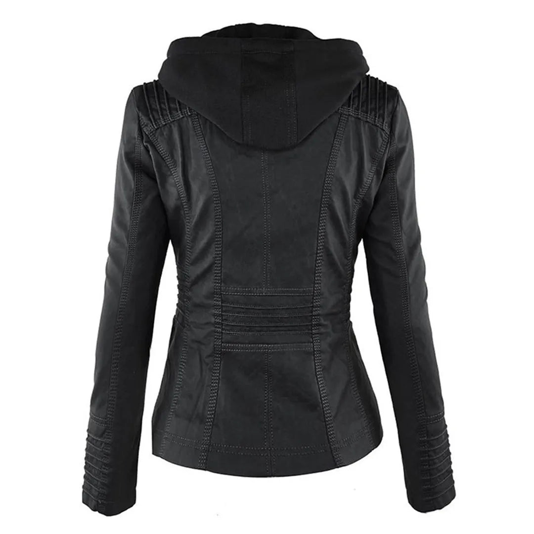 Women’s Zip-Up Leather Jacket with Hood