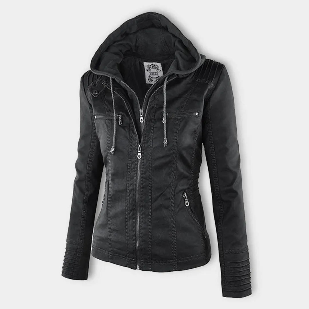Women’s Zip-Up Leather Jacket with Hood