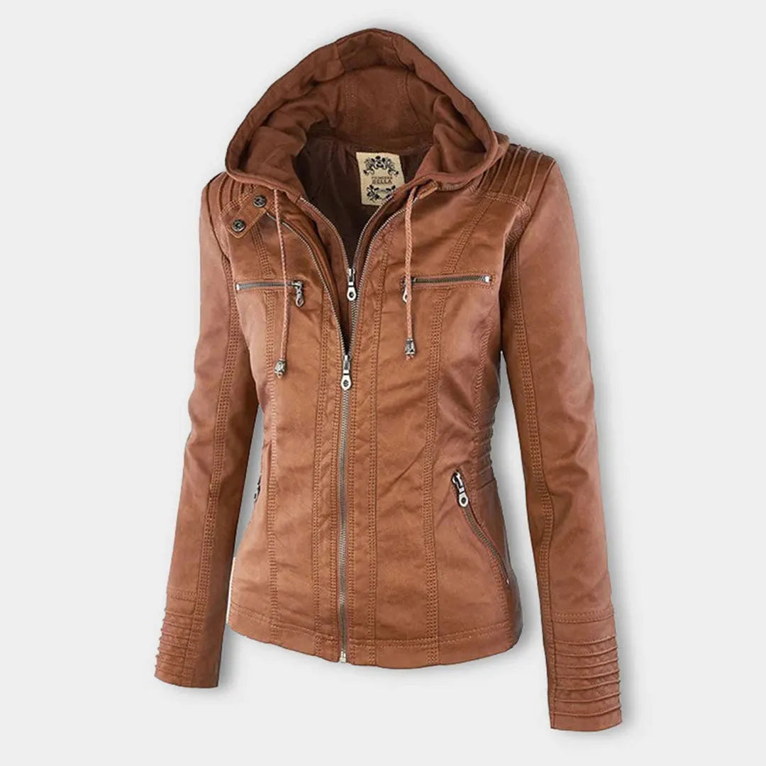 Women’s Zip-Up Leather Jacket with Hood
