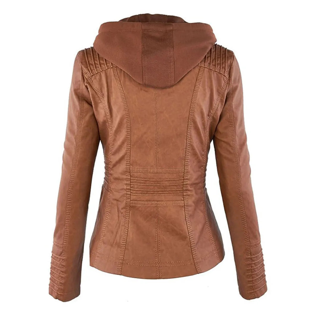 Women’s Zip-Up Leather Jacket with Hood