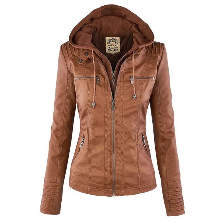 Women’s Zip-Up Leather Jacket with Hood