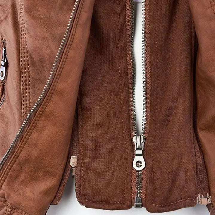 Women’s Zip-Up Leather Jacket with Hood