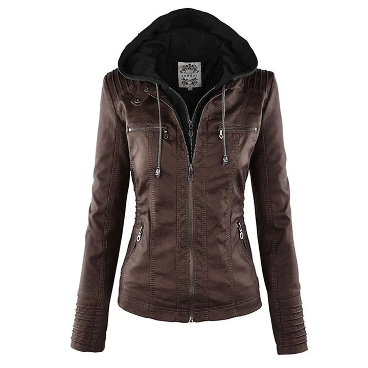 Women’s Zip-Up Leather Jacket with Hood