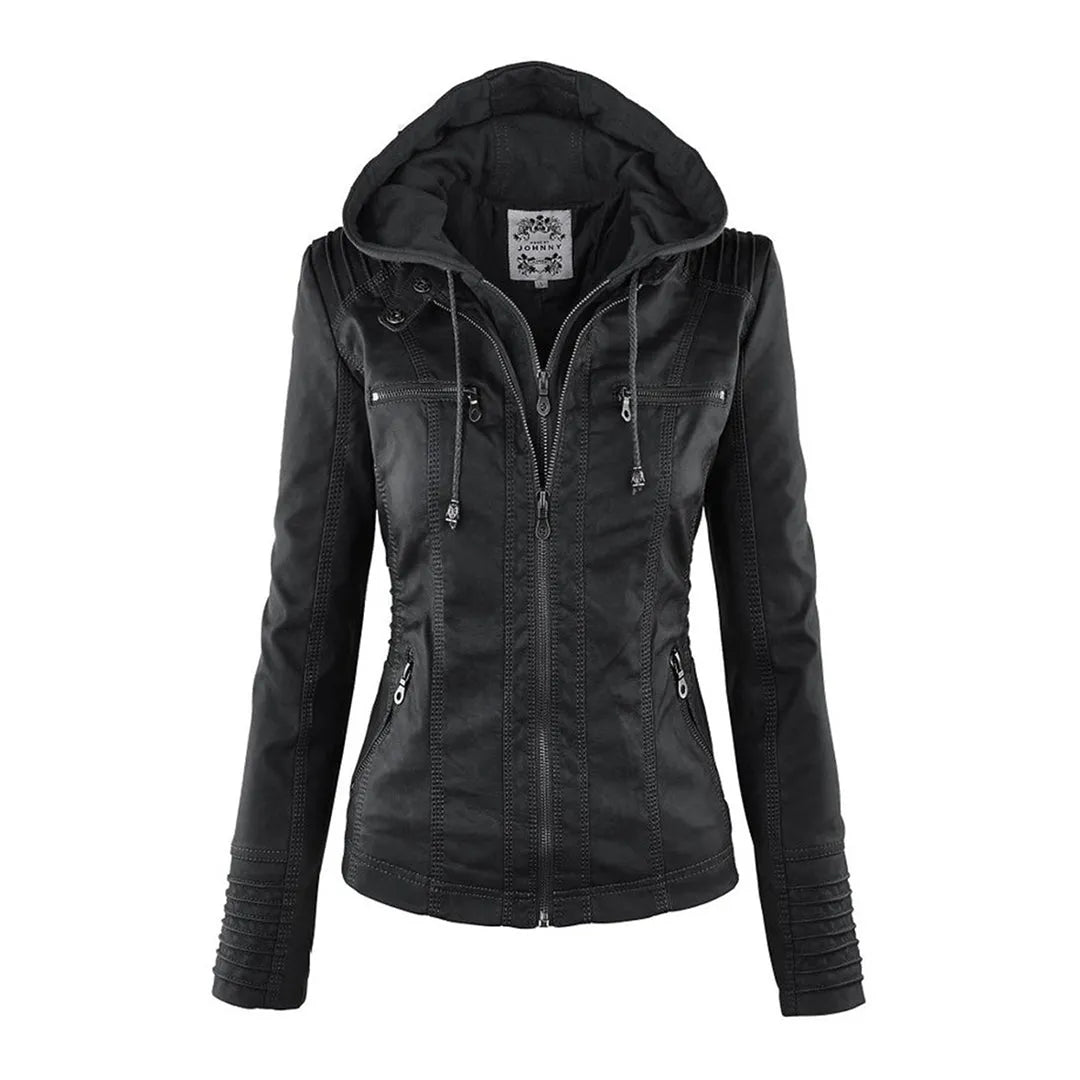 Women’s Zip-Up Leather Jacket with Hood