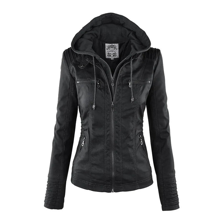 Women’s Zip-Up Leather Jacket with Hood