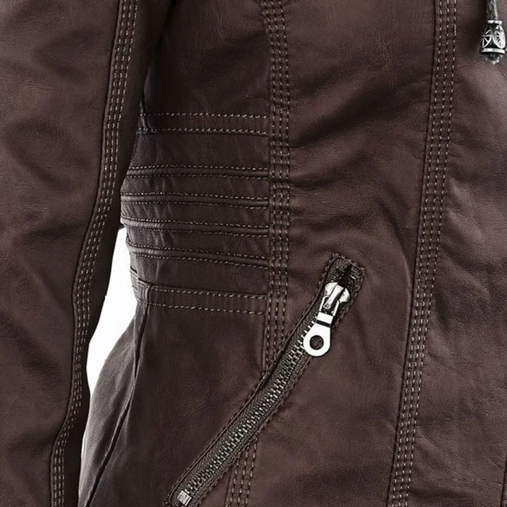 Women’s Zip-Up Leather Jacket with Hood