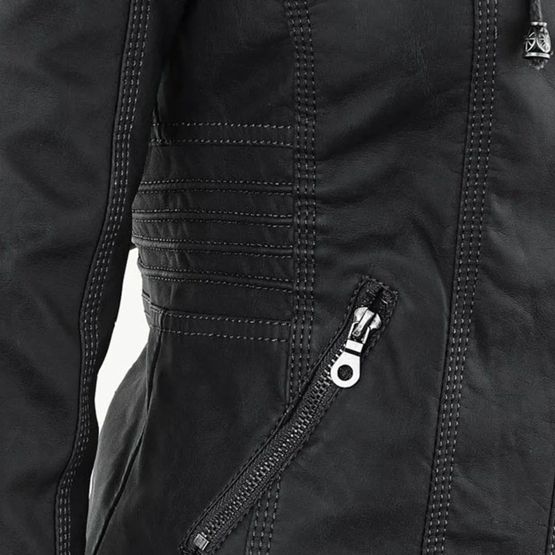 Women’s Zip-Up Leather Jacket with Hood