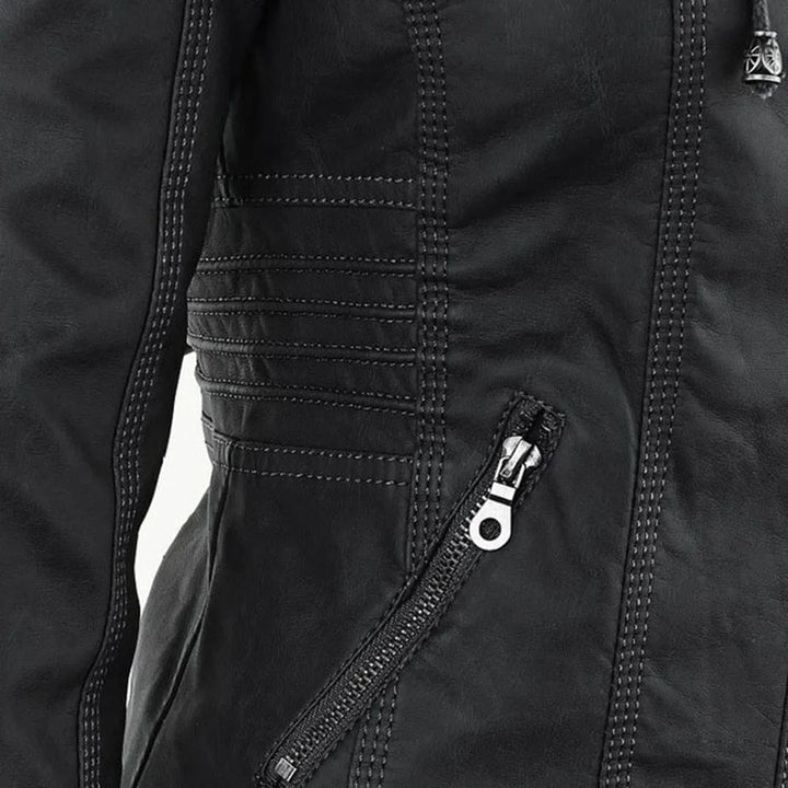 Women’s Zip-Up Leather Jacket with Hood