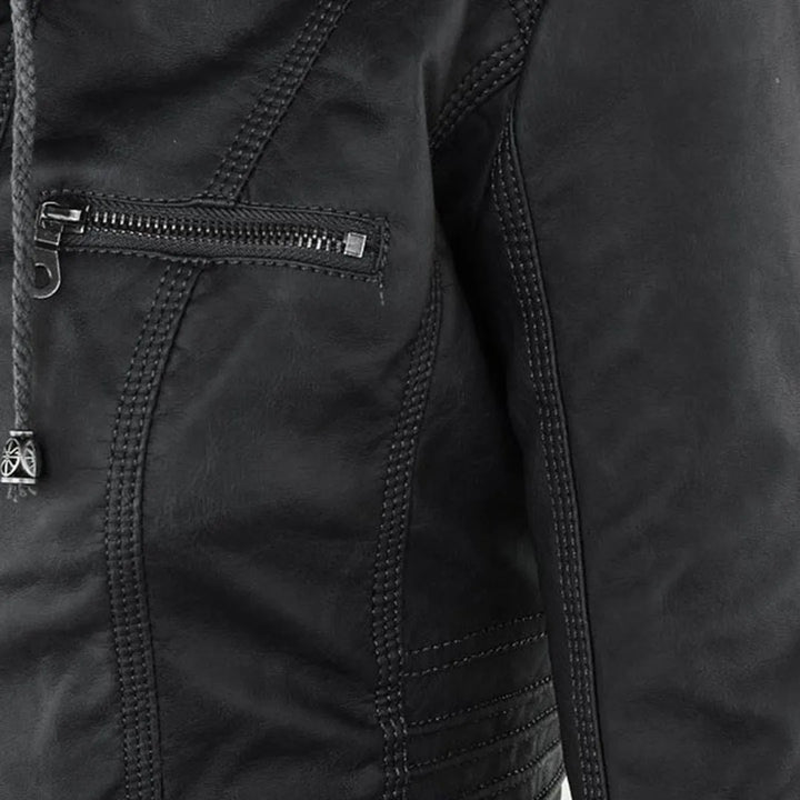 Women’s Zip-Up Leather Jacket with Hood