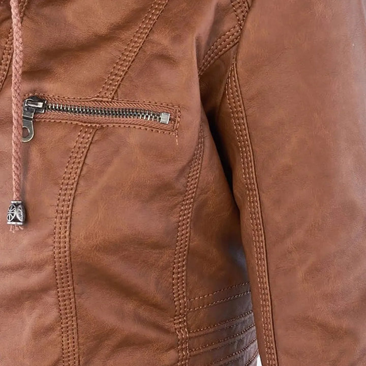 Women’s Zip-Up Leather Jacket with Hood