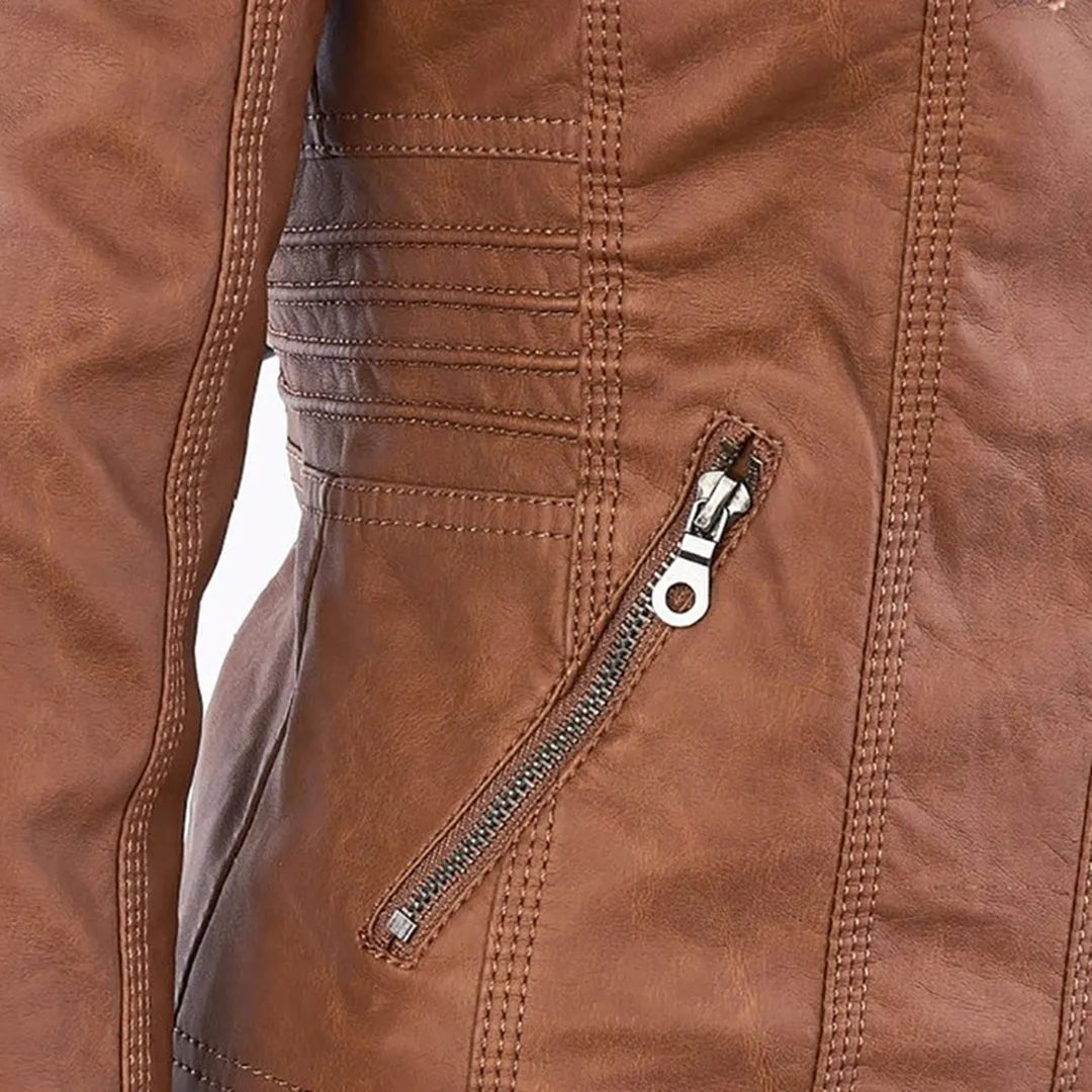 Women’s Zip-Up Leather Jacket with Hood