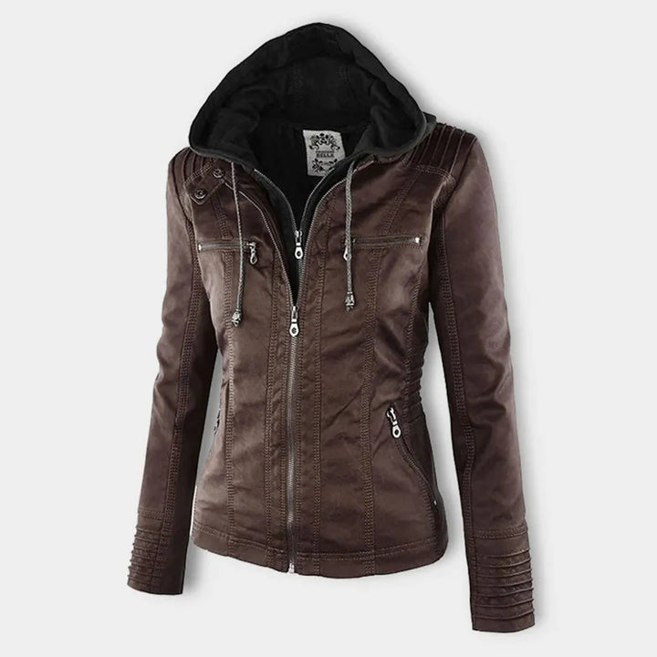 Women’s Zip-Up Leather Jacket with Hood